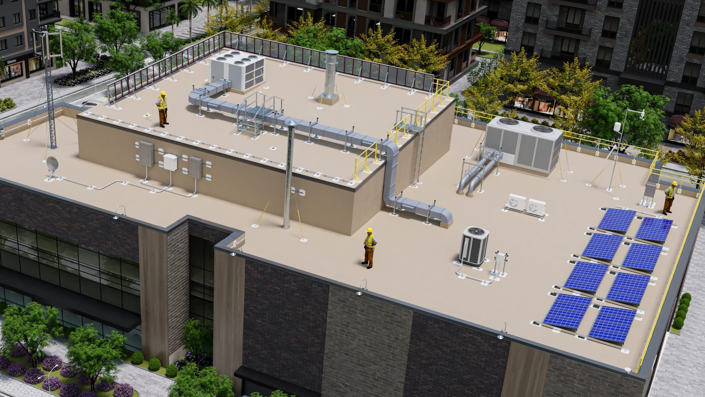 A commercial rooftop with equipment secured by Anchor Products systems